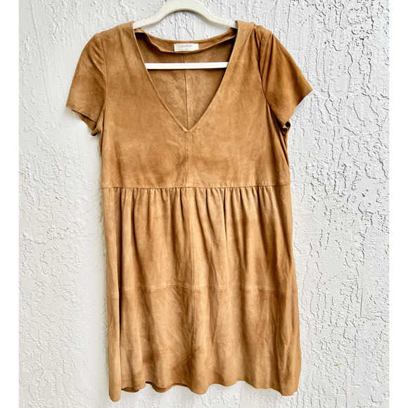 Ba&Sh Short Sleeve Goat Suede Leather V-Neck Mini Dress Beige Women's 2 / Medium - Picture 1 of 11